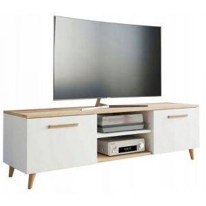 Meuble TV Blanc - Chêne Artisan - Banc TV, Table TV avec 2 portes et 2 étagères - 150 x 40 x 47 cm