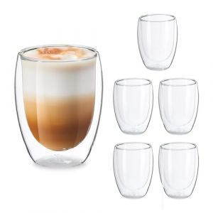 Relaxdays Tasse à Latte Macchiato, en Lot de 6, Double paroi, capacité 350 ML, Convient au Lave-Vaisselle, Transparente