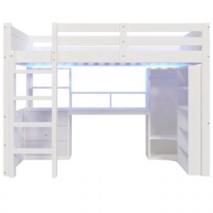 Lit Mezzanine S&eacute;curis&eacute; 140&times;200cm,Bois Massif, Elairage LED,Rangement Int&eacute;gr&eacute;, Sans Matelas,Blanc