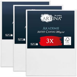 Artina Akademie – Lot de 3 Châssis Bois Toile Peinture 70x100 cm – 2 Fois Peinte au Préalable – 100% de Coton – 280 g/m152