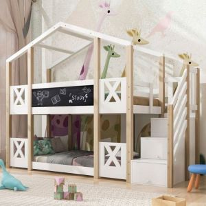 Lit superpose cabane 90x200cm avec rangement et protection contre les chutes lit mezzanine pour enfant 2 places sommiers &agrave; lattes