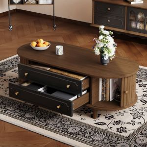 Image de Table basse 100 x 50 x 36 cm - Avec 2 tiroirs et 2 portes coulissantes - 4 pieds - Placage noyer - Marron+noir