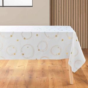 Douceur d'Int&eacute;rieur, Nappe Rectangle (150 x 300 cm) Star Blanc/Or, Polyester Imprim&eacute; M&eacute;tallis&eacute;