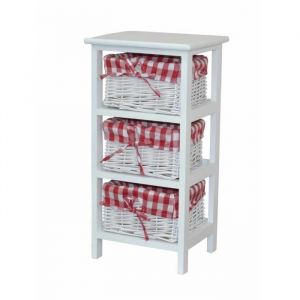 D&eacute;coshop26 &Eacute;tag&egrave;re sur pied 3 &eacute;tag&egrave;res style vintage en bois massif blanc avec 3 paniers de rangement en osier MED05143