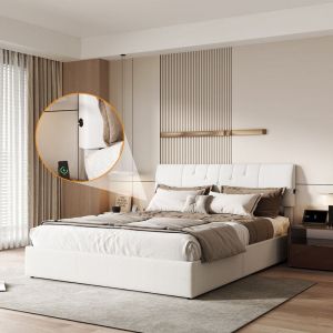 Lit coffre 140 x 200 avec sommier, lit double avec rangement, tête de lit avec multiprise intégrée, lit avec sommier à lattes en bois, lit rembourré