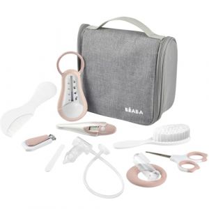 Beaba Trousse de Toilette B&eacute;b&eacute; Nomade &ndash; 10 Accessoires Soins D&egrave;s la Naissance &ndash; Crochet Rotatif, Format Compact, Double Zip &ndash; Thermom&egrave;tres, Coupe-Ongles, Mouche-B&eacute;b&eacute;, Brosse &ndash; Coloris Rose