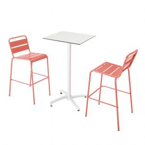 Image de Oviala Table haute carrée avec pied blanc et plateau inclinable terrazzo 60 x 60 cm en HPL et 2 chaises hautes en métal