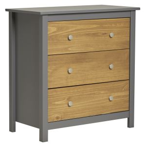 Commode gris 3 tiroirs, fabriqué en bois de pin massif