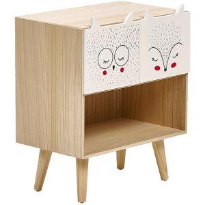 Beliani Table de Chevet Moderne 2 Tiroirs Table de Nuit Thème Animalier Bois Clair et Blanc Rupert