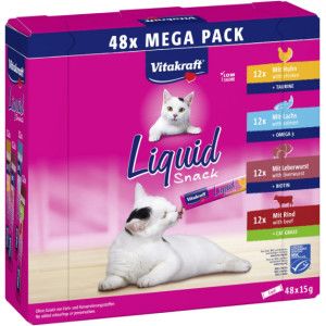 Vitakraft Liquid Snack pour chats, friandises pour chat en m&eacute;ga pack, texture cr&eacute;meuse, au b&oelig;uf, au poulet, au saumon, 1 pack &eacute;conomique (48x 15g)