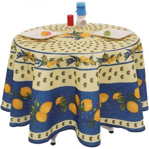 Nappe Provençale Ronde Anti-Tâche 100% Polyester - Citron - bleu .