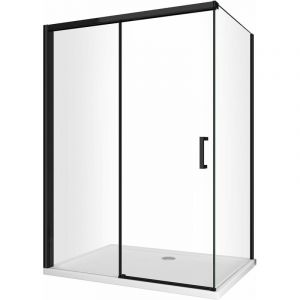 Douche d'angle avec paroi lat&eacute;rale fixe et porte frontale avec fermeture douce amortie h 200 8 mm cadre noir mat Cm 80 (78-80) x 160 (157-160)