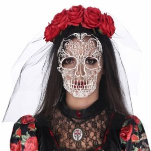 Ruedelafete Coiffe Day of the dead avec roses rouges et voile imprimé