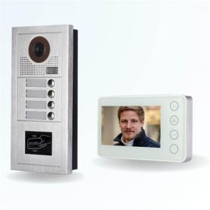 BT SECURITY Portier interphone vid&eacute;o modern 2 fils - 4 appartements - 4 &eacute;crans blancs - avec lecteur de badge