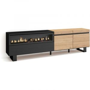 Meuble tv, Banc Télé, Grand espace de Rangement, 200x57x35cm, Pour les tv jusqu'à 80', Cheminée électrique, Design industriel, Style moderne, Chêne