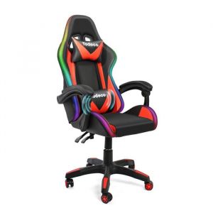 Todeco Chaise Gaming Massage avec Lumière LED Dossier Haut Dossier et Hauteur de Siège Règlable avec Appui-Tête Support Lombaire, rouge