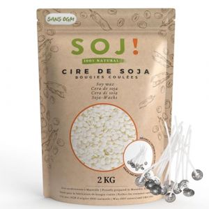 Soj - Cire de Soja végétale SANS OGM 2KG E-BOOK+25 MÈCHES OFFERTES! Cire de soja pour bougie