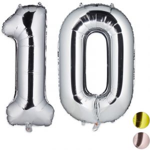 Image de Relaxdays Ballons chiffre numéro 10 gonflables anniversaire décoration géant mariage fête 85-100 cm, argenté