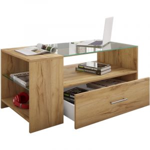 Ebuy24 - Tindala Table basse avec plateau en verre, 1 tiroir, 3 petits espaces de rangement, imitation chêne miel. - Naturelle