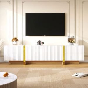 Meuble tv 190x35x45cm - avec 3 portes 2 tiroirs - grain doré et bois - mdf+pb - Blanc+Doré