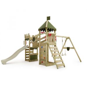 Fatmoose Aire de jeux en bois RiverRun avec balançoire et toboggan vert sauge