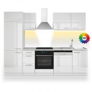 Cuisine Optima, 270cm Sans Plan De Travail Avec Bande Led, Blanc, Blanc, Vicco