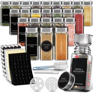 Soothe 24 pots &agrave; &eacute;pices carr&eacute;s en verre avec couvercle en acier inoxydable - 2 types de couvercles &agrave; saupoudrer - Spice Spreader - pots &agrave; &eacute;pices - Set complet avec stickers &agrave; &eacute;pices, stick &agrave; craie et accessoires - 120ml