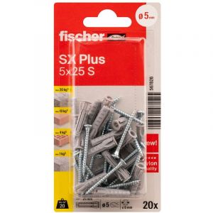 Fischer Cheville Nylon à Expansion SX Plus 5x25 avec collerette et vis, Tous matériaux/Blister de 20