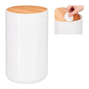 Relaxdays Poubelle salle de bain 5l, couvercle oscillant en bambou, moderne, plastique, 5,5 L, H x D 26,5 x 18 cm, blanc