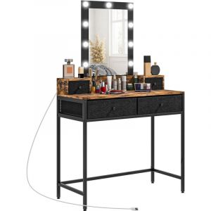 Homcom Coiffeuse style industriel - miroir LED réglable - 4 tiroirs tissu - acier noir aspect bois vieilli