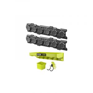 Ryobi Pack Système LINK 2 rails muraux - Tablette polyvalente - Bac simple - Crochet double long