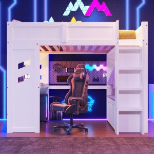 Lit mezzanine 90x200 cm - avec bureau - avec éclairage LED - avec 1 port USB - avec échelle + bureau + tiroir + étendoir - Blanc (matelas non inclus)