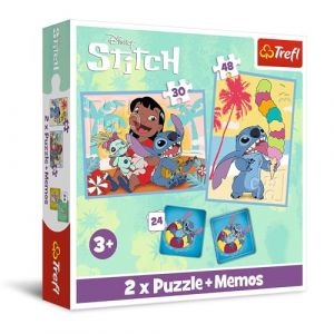 Trefl Lilo & Stitch, Journ&eacute;e Joyeuse Lilo&Stitch-3 en 1: 2X Puzzles + Jeu de M&eacute;moire, Puzzles avec Personnages de Bande Dessin&eacute;e, 30 et 48 Pi&egrave;ces, 24 m&eacute;mos, Jeu pour Enfants &agrave; partir de 3 Ans