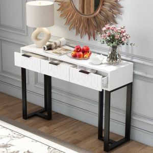 Table console 120x36x80cm - table avec 3 tiroirs, repose-pieds réglables et poignées élégantes - blanc + noir