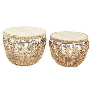 Jaya - Lot de 2 Tables en Rotin Synthétique et Plateau mdf Imitation Bambou