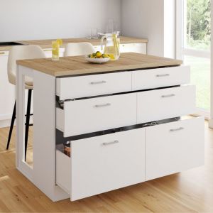 Idmarket Ilot central mange-debout ORSO 120 cm casserolier 6 tiroirs blanc et plateau bois