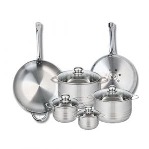 Elo 9884150 Batterie de cuisine 6 pièces, Ensemble de 2 Poêles de cuisson 28 et 32 cm et 4 faitouts 12, 14, 20 et 24 cm Profi Brillant, inox, induction