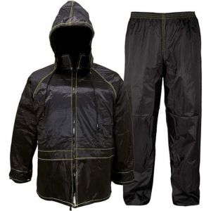 Rebeca Shop - Combinaison de pluie unisex, noir, veste et pantalon avec capuche rétractable, en PVC, Tg. M