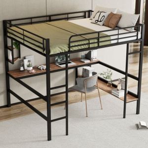 Lit mezzanine en métal noir 140x200cm, lit simple, sans matelas, avec bureau et étagère