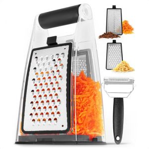 Râpe de cuisine Goliving avec réceptacle - 24 x 12 cm - 2 lames de râpe amovibles - brosse de nettoyage incluse - râpe à bloc - râpe à fromage - râpe avec éplucheur fin - éminceur à fromage - transparent