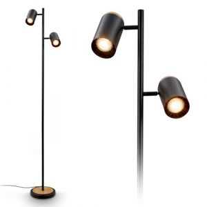 BRILONER - Lampadaire avec interrupteur sur le câble, têtes de spot orientables, 2xGU10 douille, lampadaire sur pied salon, lampe sur pied, 26x26x159,5 cm, noir-bois