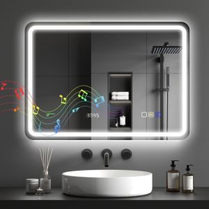 Homcom Miroir salle de bain - Bluetooth - éclairage LED - horloge, antibuée, mémoire - verre trempé - 50 x 70 cm - argenté