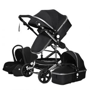BAZARLAND30 Poussette 3 en 1 Bébé Combinée Siège-Auto Nacelle Trio Réversible Réglable Haute Qualité Roues increvables Canne noir.