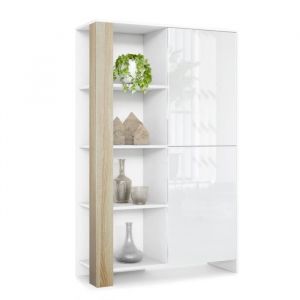Buffet Haut Canto, meuble haut avec 2 portes et 8 compartiments, blanc mat - blanc brillant - ch&ecirc;ne brut (95 x 151,5 x 36 cm)