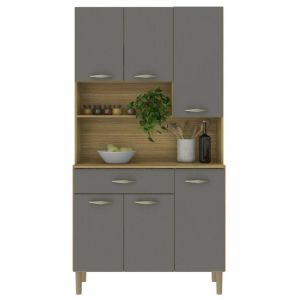 Buffet de Cuisine 6 Portes 1 Tiroir Chêne et Gris 7 Niches L 90.9 H 173.5 P 36.3 cm