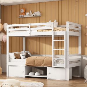 Lit superposé 90x200cm en pin massif avec meuble de rangement et étagère à chaussures - divisible en 2 lits simples - Blanc