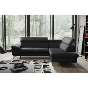 Canapé d'angle convertible en cuir italien de luxe 5 places WARREN II, avec coffre, noir, angle droit - Noir