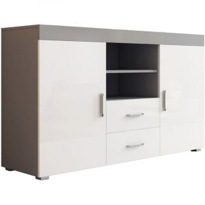 Muebles Bonitos - Buffet de salon bas 2 portes 2 tiroirs 140x80x40cm Meuble de rangement Modèle roque Couleur Gris et Blanc Finition Brillante