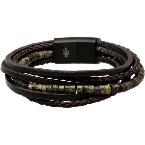 Bracelet Cuir Marron Lisse Et Tress&eacute; Avec Perle De Heishi Jaspe Sang De Dragon