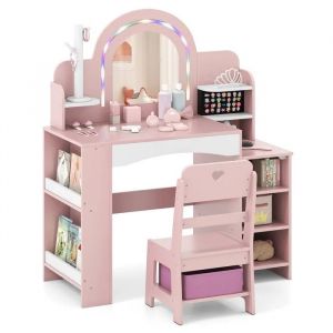 COSTWAY Coiffeuse avec Chaise pour Enfants - Miroir Lumi&egrave;res - &Eacute;tag&egrave;res Ouvertes- Support pour Bijoux- Bo&icirc;te en Tissu, Rose